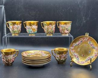 24 12pcCapodimonteArmorialGoldLusterDemitasseSetSigned