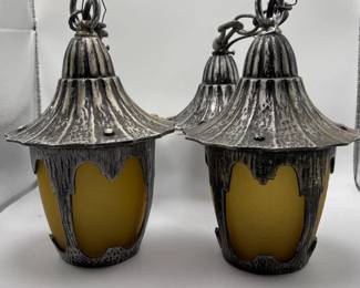 7 VintageAluminumHangingLightsPairAmberGlassMidCentury