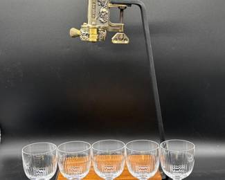 28 VintageEstateBrassOakWineOpenerwithStemwareSet