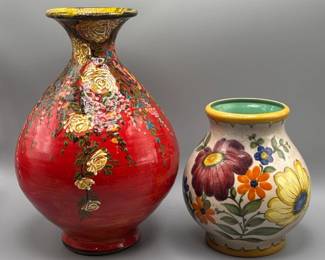 22 ArtisanFloralReliefVasePairItalianGubbioCrimsonGilt