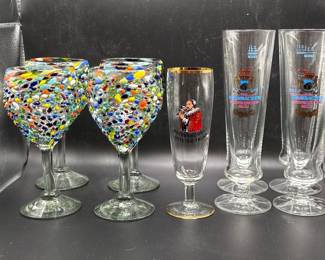 25 9pcVintageGermanGlasswareSetConfettiArtGlassBreweryFlutes