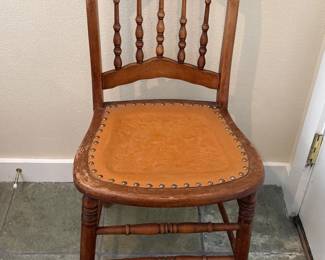 66 AntiqueOrnateCarvedWoodChairwEmbossedSeat