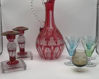 11 VintageCutGlassDecanterSetCranberryCandlesticksGlasses
