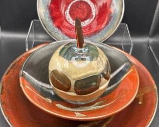 75 3pcArtisanPotteryBowlSetHandBlownGlassOrb