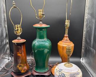 27 5pcVintageMixedPotteryWoodLampCollection