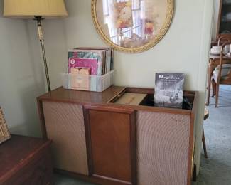 Vintage Magnavox Console Stereo - Working, Standing Brass Lamp