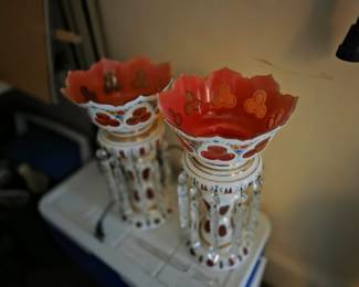 Pair of Bohemian overlay lustre lamps with prisms