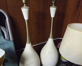Pair of Danish style tall ceramic lamps with brass trim