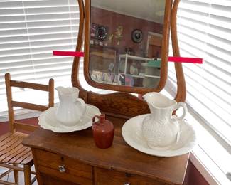 Oak Wash Stand, Wash Bowls and Pitchers
