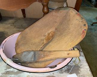 Dough Bowl and Spoon, Pink Enameled Pan