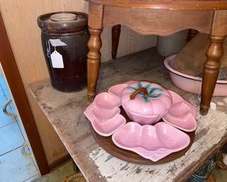 Lazy Susan and Belmar Server, Brown Crock and Lid