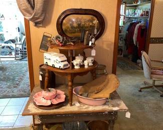 Primitive Farm Table, Baskets, 2 Tier MCM Maple Table