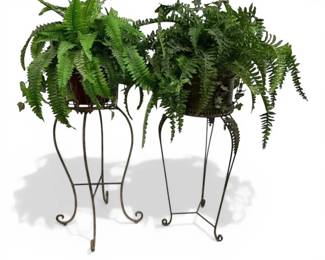 Two Metal Plant Stands with Fake Plants