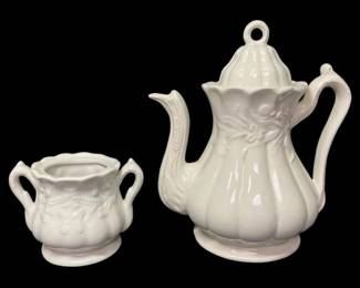 RedCliff White Ceramic Wheat Pattern Footed Pitcher And Container