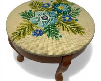 Blue  Green Floral Needlepoint Footstool