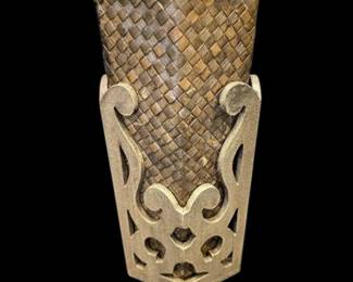 Gold Toned Wood And Woven Basket Set