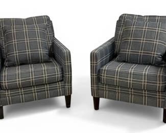 Two Matching Plaid Armchairs w Cushions