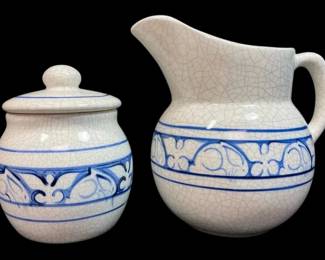 Blue And White Ceramic Pitcher  Lidded Container, Signed