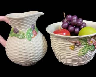 Ceramic Ivory Embossed Basket Weave Pitcher And Fruit Bowl