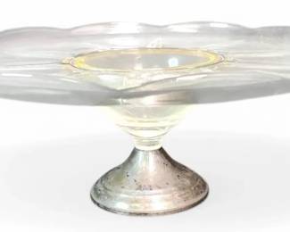 Yellow Depression Glass Cake Stand W Weighted Sterling Silver Base