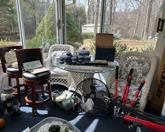 Wicker & Glass Table w/ 4 Chairs, Counter Chairs, Fan, Dishes