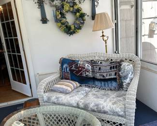 Wicker Love Seat & Coffee Table, Shelf, Pitchers