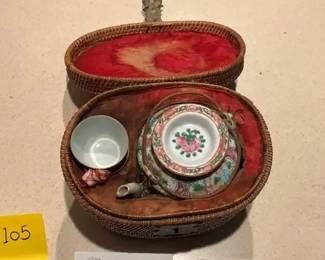 Antique Chinese Porcelain teaset in carry basket