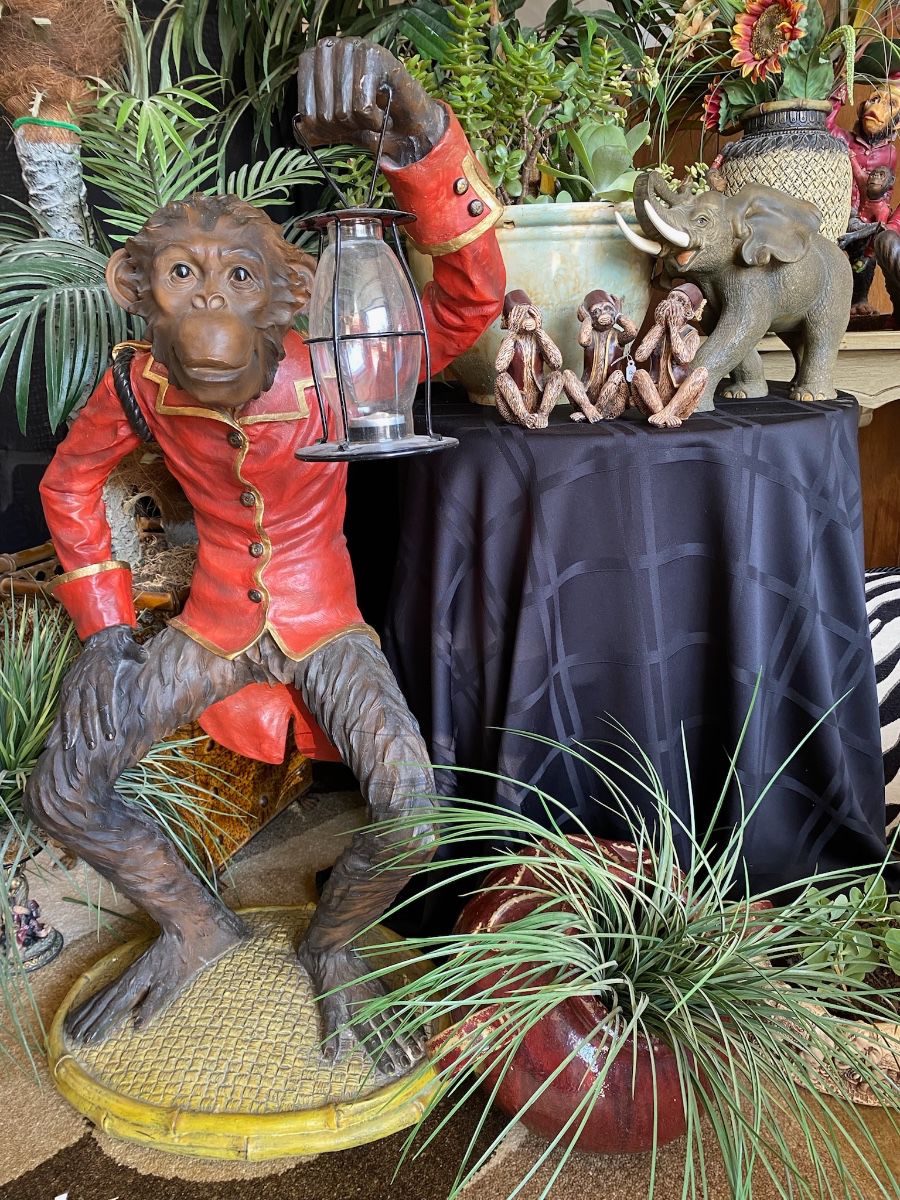 35" Polychrome Door Butler Monkey Statue w/ Lantern