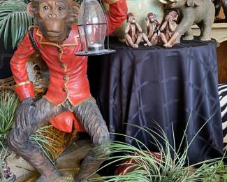 35" Polychrome Door Butler Monkey Statue w/ Lantern