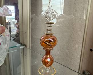 Hand Blown Egyptian Glass Perfume Bottle with Leaf Finial and Gold Trim
