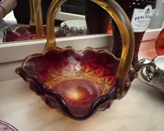 Amberina Glass Basket with Handle
