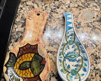 HandPainted Ceramic Spoon Rests  Mexican Fish and Blue Floral Designs