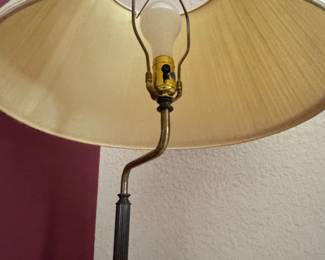 Brass and Dark Ribbed Column Torchiere Floor Lamp with Pleated Shade second image