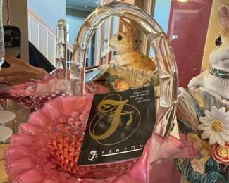 Fenton Hobnail Glass Bunny Basket with Pink Ruffled Rim