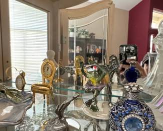 Vintage Art Nouveau Cobalt Blue Glass Perfume Bottle with Filigree and Rhinestones