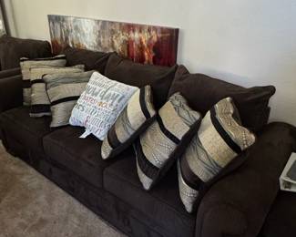 Dark Brown Corduroy Sofa with Decorative Pillows