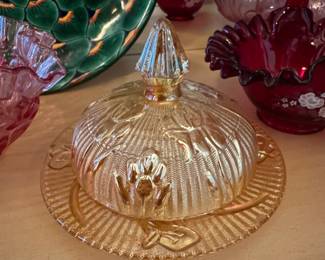 Jeannette Glass Iris and Herringbone Peach Opalescent Butter Dish with Lid