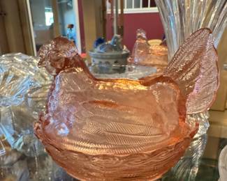 Pink Glass Hen on Nest Dish by Indiana Glass Co.