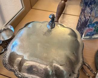 Vintage SilverPlated Footed Serving Dish with Wood Handle and Lid