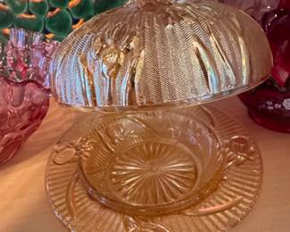 Jeannette Glass Iris and Herringbone Peach Opalescent Butter Dish with Lid second image