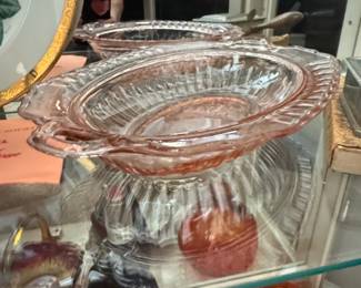 Anchor Hocking Mayfair Open Rose Pink Depression Glass Oval Relish Dish with Handles second image