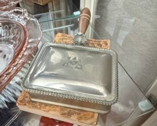 Antique SilverPlated Silent Butler with Wooden Handle and Crest