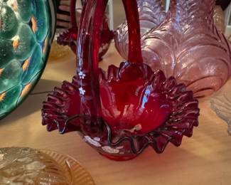 Vintage Fenton Ruby Red Glass Basket with Ruffled Rim and Applied Flowers