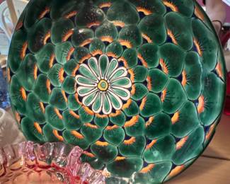 Talavera Pottery Charger Plate with Peacock Feather Motif