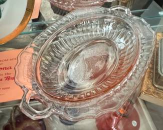 Anchor Hocking Mayfair Open Rose Pink Depression Glass Oval Relish Dish with Handles