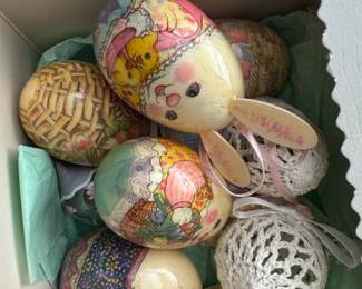 Vintage HandPainted Paper Mache Easter Eggs with Crochet Accents