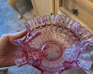 Vintage Fenton Cranberry Opalescent Hobnail Ruffled Bowl