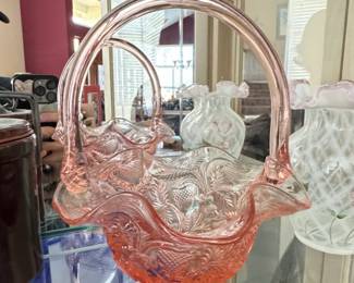 Pink EAPG Wildflower Pattern Glass Basket