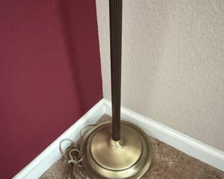 Brass and Dark Ribbed Column Torchiere Floor Lamp with Pleated Shade third image