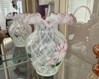 Fenton Art Glass Vase with Pink Ruffled Rim and HandPainted Flowers